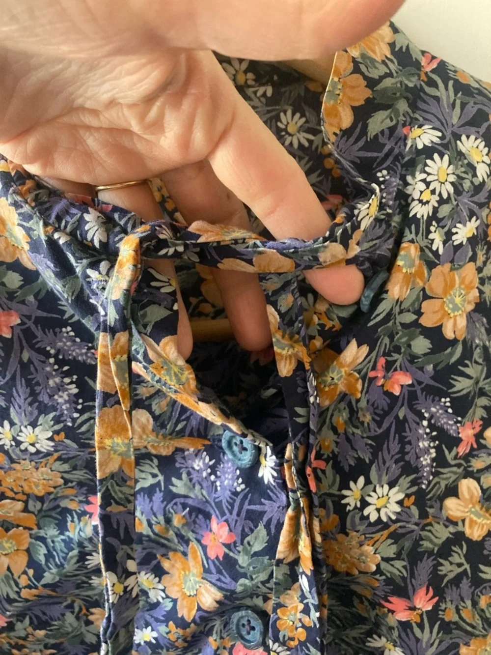 Floral Button-Up Blouse in Navy with Mustard and Pink Flowers